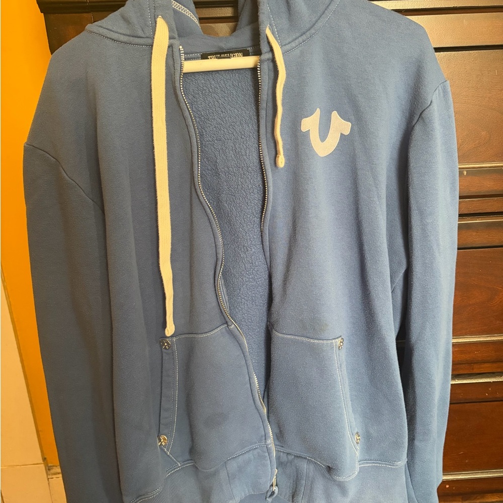 True Religion Light Blue Zip Hoodie with Cream Drawstrings